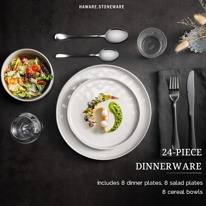 HaWare Dinnerware Sets, 24-Piece Plates and Bowls Set, Speckled White | - Image 3