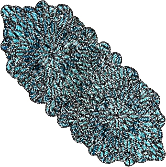 Beaded Table Runner, Floral Art Deco, 13x36 in, polyester backing, sapphire blue - Image 9