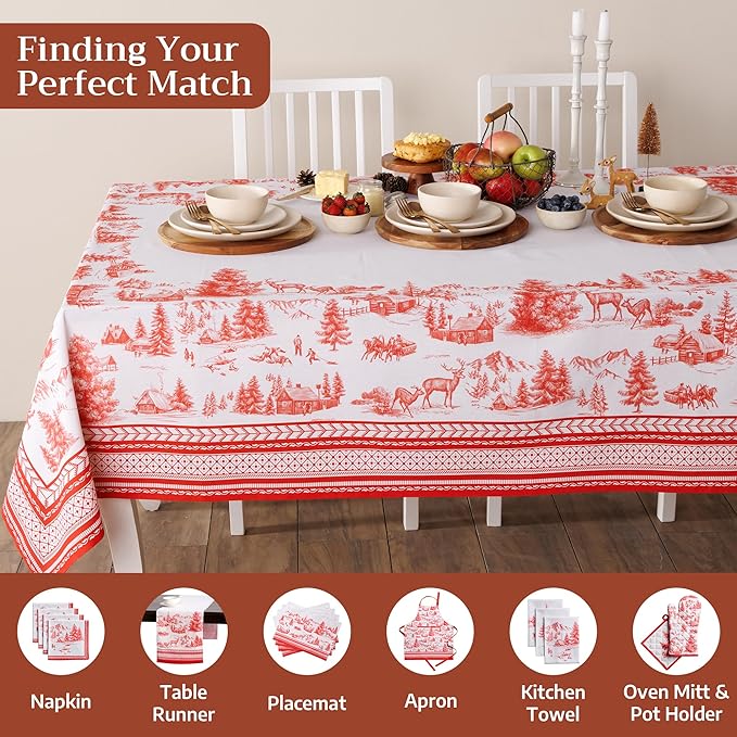 Maison d' Hermine Table Cloth Rectangle Table 100% Cotton 70 x 140 Inches Fall Tablecloth Reusable Everyday Use for Thanksgiving Christmas Decorations Dining Farmhouse Party (Winter Jouy)