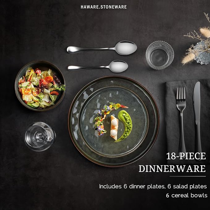 HaWare Dinnerware Sets, 18-Piece Plates and Bowls Set, Reactive Moss Green | - Image 3