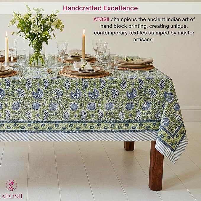 ATOSII Amara Green 100% Cotton Square Fall Tablecloth, Handblock Floral Print Linen Table Cloth for Kitchen Dining I Weddings, Outdoors, Parties, Easter I Fall Decor 60 X 60 Inches I 4 Seater