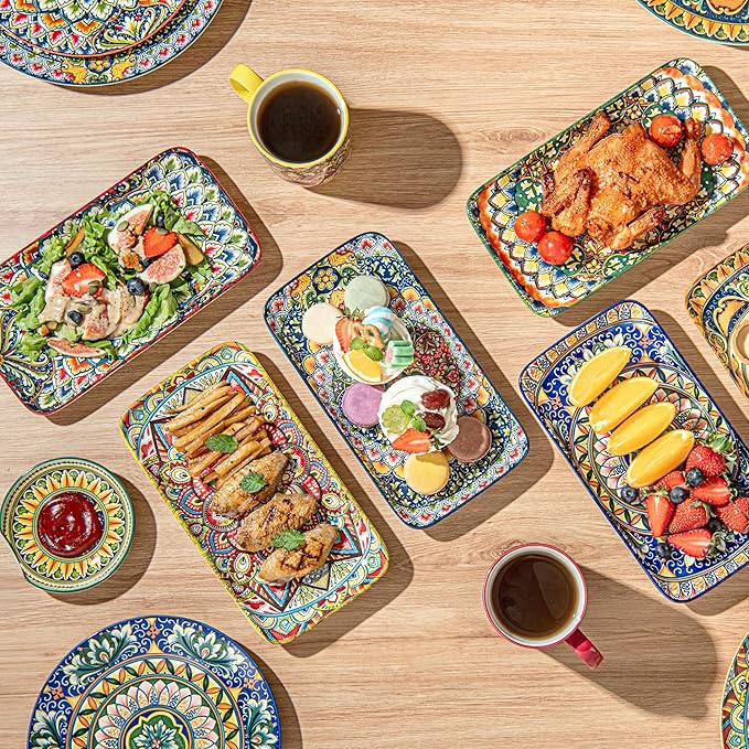 Henten Home Porcelain 10 Inch Dinner Plates, Ceramic Rectangular Salad Plate Set of 6, Bohemian Serving Dishes for Sushi, Pasta, Appetizer, Microwave & Dishwasher Safe