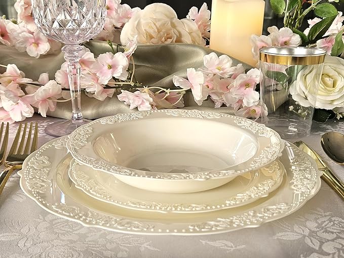 " OCCASIONS " 240 Plates Pack,(120 Guests) Vintage Wedding Party Disposable Plastic Plates Set -120 x 10.25'' Dinner + 120 x 7.5'' Salad / Dessert Plate (Portofino Ivory)