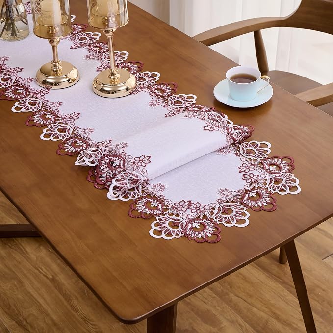White Dark Red Jacquard Lace Table Runner 48 inches Long, Claret Dresser Scarf - Image 4