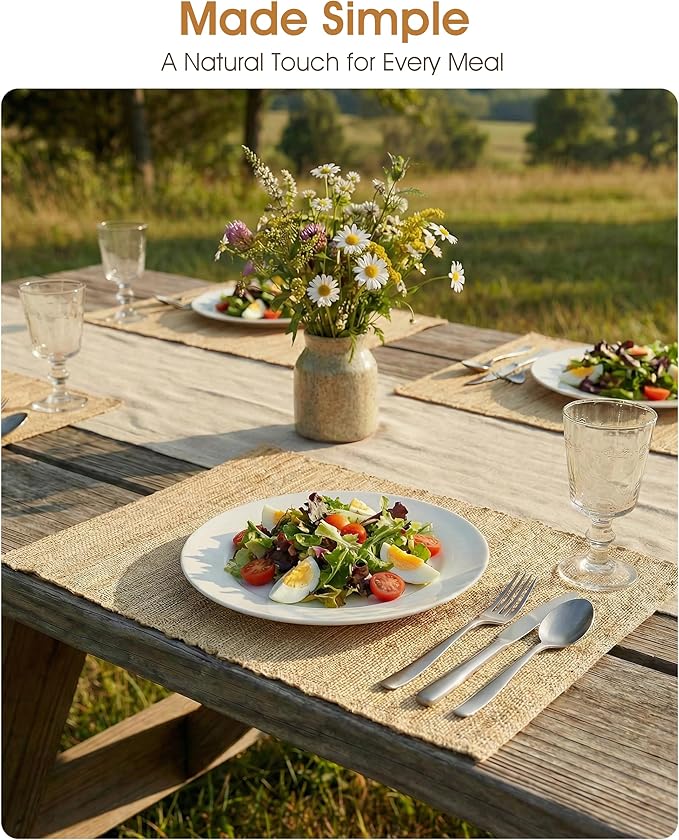 Handmade Ramie Placemats Set of 6, 12"x18" Eco-Friendly Natural Woven Table Mats for Dining Table, Heat-Resistant & Washable Natural Fiber Placemats for Kitchen, Farmhouse, Boho & Home Decor