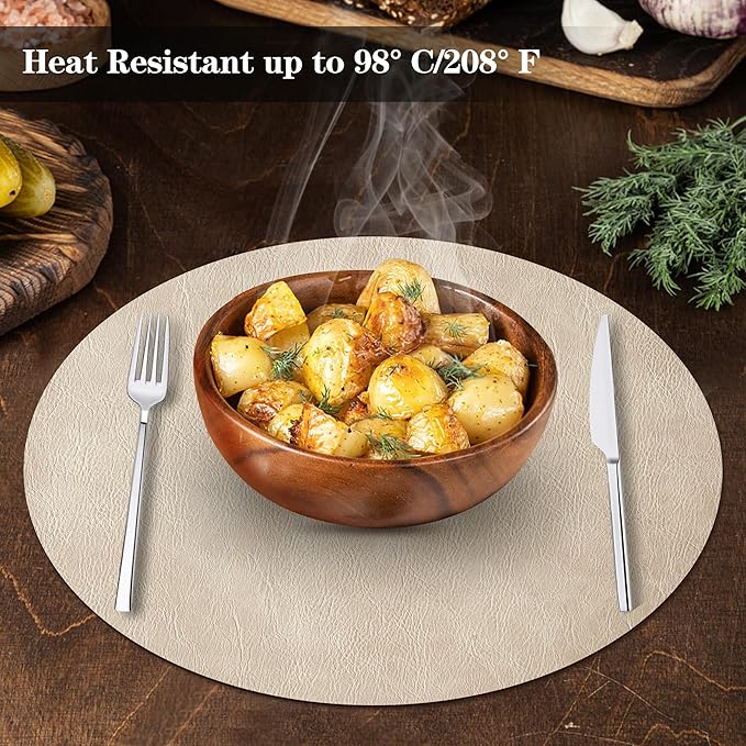 Round Placemats and Coasters Set of 4, Washable Reversible Faux Leather Placemats Cowhide Pattern Place Mats Wipeable Non-Slip 15 inch Round Kitchen Dining Table Mats (Gray Beige, 4)