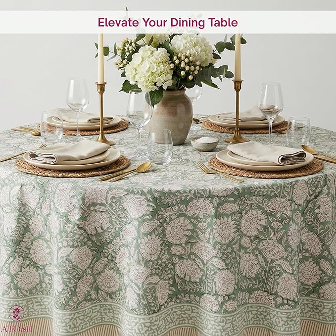 ATOSII Jade 100% Cotton Boho Round Tablecloth, Block Print Floral Table Cloth Linen for Dining, Parties, Weddings, Outdoors I Table Decor I 60" Inches Round