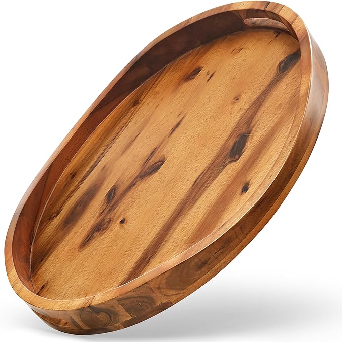 Acacia Wood Ottoman Tray with Handles - 20" x 15" Round - Large Oval Serving Trays for Living Room -Wooden Trays for Decorative for Kitchen Counter, Coffee Table, Breakfast in Bed (Acacia)