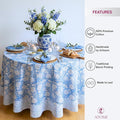 ATOSII Azora Blue 100% Cotton Round Tablecloth, Handblock Print Floral Table Cloth for Kitchen Dining Linen I Parties, Weddings, Outdoors I 90" Inches Round