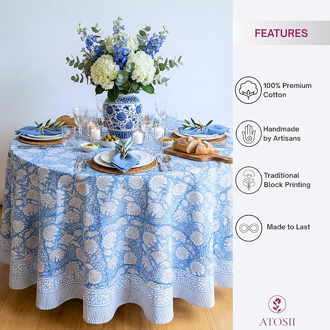 ATOSII Azora Blue 100% Cotton Round Tablecloth, Handblock Print Floral Table Cloth for Kitchen Dining Linen I Parties, Weddings, Outdoors I 90" Inches Round