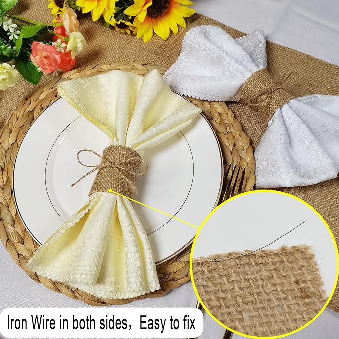 Natural Burlap Napkin Rings Set of 100 pcs with Jute Rope,Disposable Napkin Bands Bulk,Rustic Serviette Ring for Tables,Decorations,Wedding,Dinner,Country Party Decor