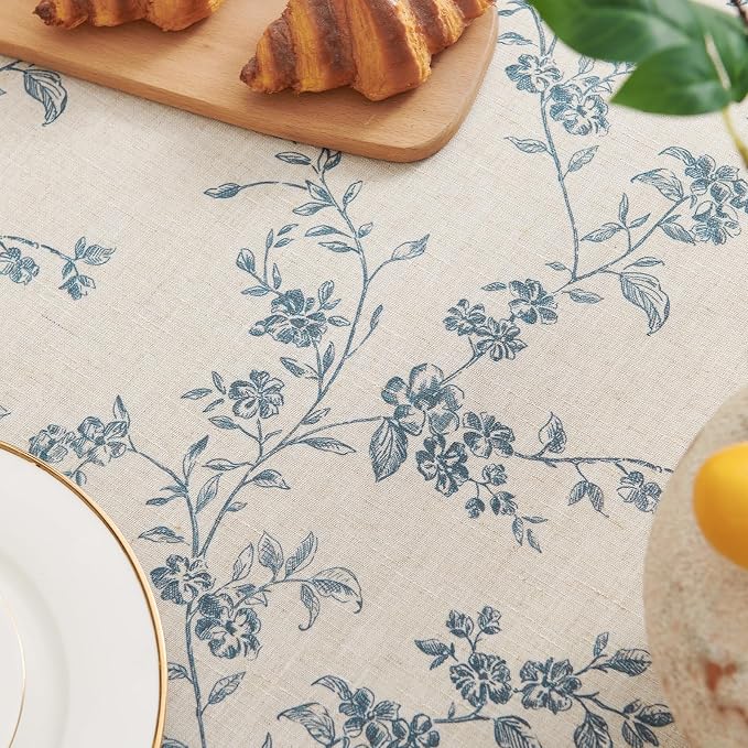 jinchan Blue Farmhouse Floral Linen Square Table Cloth 52 x 52 Inch | Rustic - Image 6