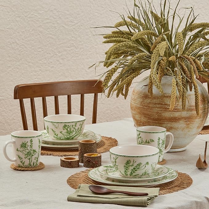 Bico Green Garden Toile De Jouy Salad Plates Set of 4, 8.75 Inch Ceramic Dessert Plates for Salad, Appetizer, Side Dishes, Microwave and Dishwasher Safe, Gift for Housewarming and Thanksgiving