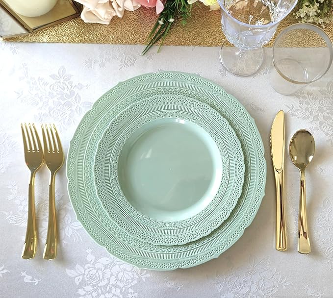 " OCCASIONS " 150pcs set (25 Guests)-Extra Heavyweight Vintage Wedding Disposable/Reusable Plastic Plates -25 x 11'' + 25 x 8.25'' +Silverware (Chateau in Mint)