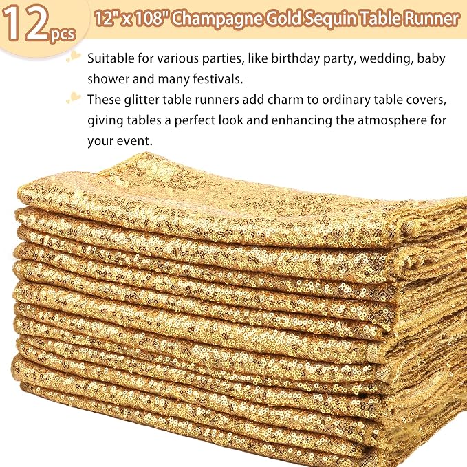 12 Packs Sequin Table Runner Champagne Gold 12 X 108 Inch Glitter Dining Table - Image 2