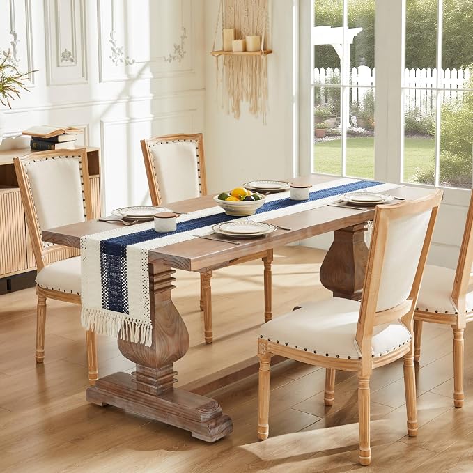 Macrame Style Bicolor Stitching Table Runner 14x60in Navy Blue | Woven Boho - Image 2