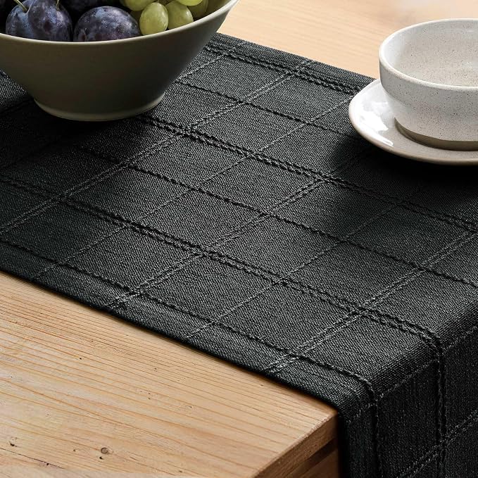 Linen Checked Farmhouse Table Runner, 13x108 Inches Black | Raised Grid Design - Image 5
