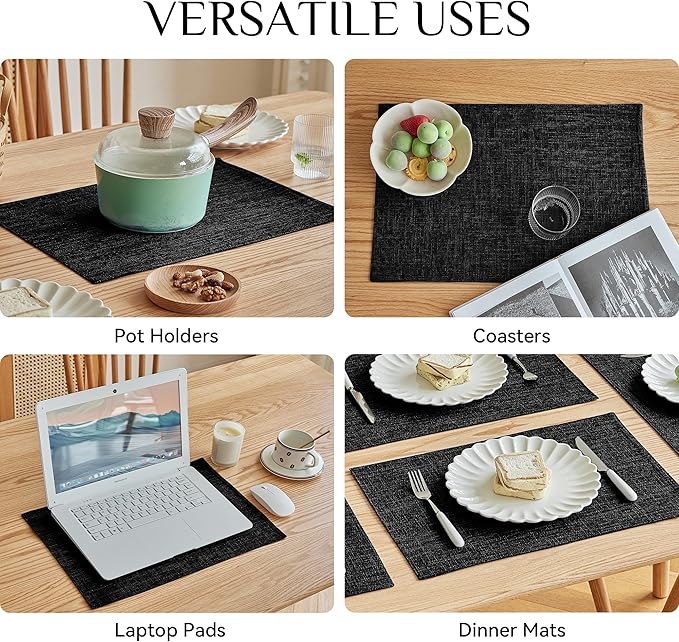 Softalker Faux Linen Placemats Set of 6-12 x 18 Inch, Heat Resistant Double Layered Durable Burlap Farmhouse Place Mats, Non-Slip Washable Rustic Table Mats for Dining, Kitchen, Party（Black