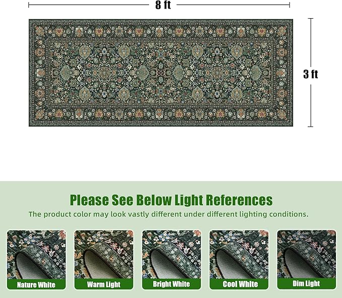 Runner Rugs 3x8 Boho Washable Area Rugs for Entryway Bathroom Kitchen, Long Rugs for Hallway Soft Low Pile Non-Slip Rubber Backing Oriental Dark Green