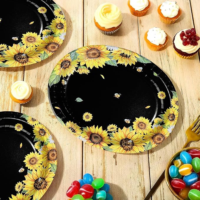 50Pcs Sunflower Bee Paper Oval Paper Plates 10" x 12" Large Disposable Heavy Duty Black Yellow Sunflower Bumble Bee Plates Dessert Platters for Spring Birthday Bridal Baby Shower Party Decorations