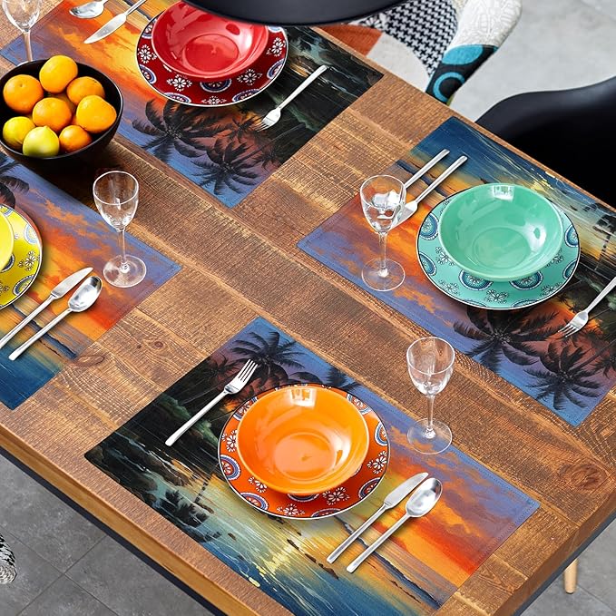 Beach Placemats Set of 4 - Palm Tree Place Mat 12x18 Inch Summer Sunset Placemats Sea Ocean Table Mat for Party Kitchen Dining Home Holiday Party Decor