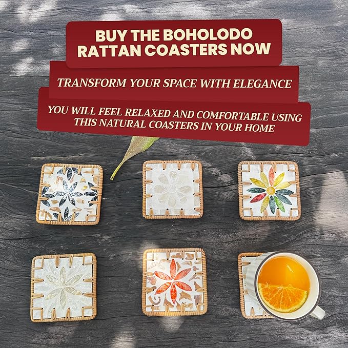 Handmade Rattan Coaster Set of 6, Cute Square Coasters with Mother of Pearl,Colorful Boho Coaster for Decorative, Coffee Table - Bar & Outdoor Drink Coasters, Unique Housewarming - Occasions Gift