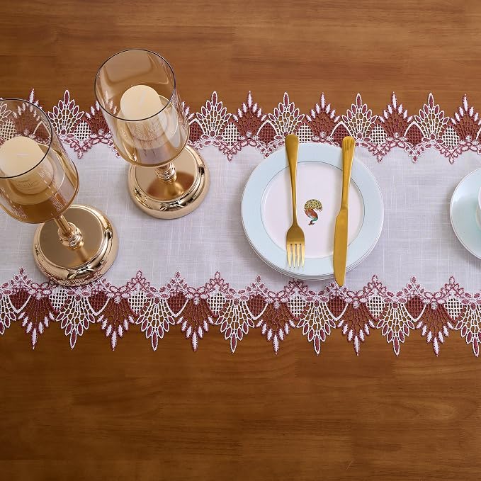 White Dark Red Linen Lace Table Runner 48 inches Dresser Scarf | White Sheer - Image 4