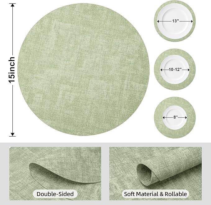 15 inch Faux Leather Round Placemats Set of 4 Non-Slip Washable Wipeable Table Mats, Heat Resistant Waterproof Oilproof Sage Green Place Mats for Kitchen, Dining, Party, Indoor, Outdoor