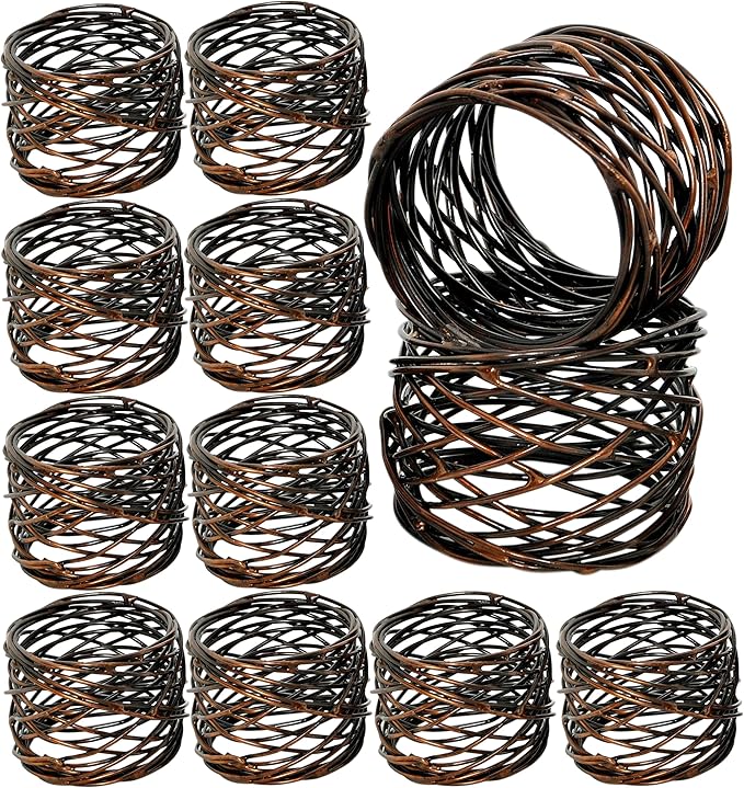 Twisted Wire Mesh Napkin Rings Holders Set of 12 - Heavy Duty Metal Napkin Rings for Décor, Dinner, Party, Wedding, Christmas, Gathering, Everyday Use, Gifting (Bronze) - CLEENTABLE