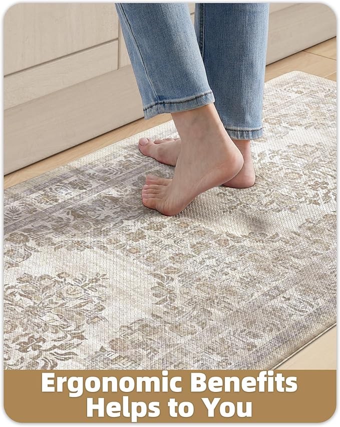 Color&Geometry Anti Fatigue Kitchen Mats for Floor 24x59, Vintage Decor, Easy Clean, Waterproof & Oil Proof, 0.4" Thick Cushioned, Non-Slip Kitchen Runner Rug for Sink, Laundry, Office, Khaki