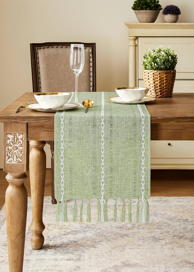 Hemstitched Farmhouse Table Runner, Sage Green 13x72 Inch, Cotton Linen Table - Image 2