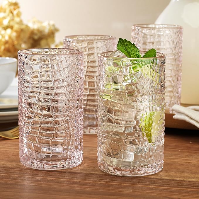 Glaver's Highball Glasses Set of 4 Pink Drinking Glasses, 15 Ounce Crackle Textured Newly Designed Patent Design Glassware Elegant Heavy Duty Drinkware Set, Home Bar Kitchen Water Juice Cocktails