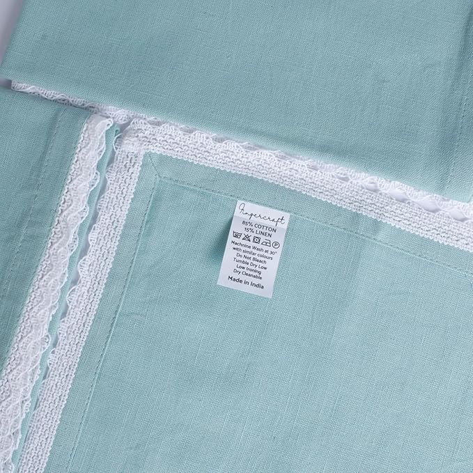 FINGERCRAFT Dinner Cloth Napkin Cotton Linen Blend 4 Pack Mitered Corners with Elegant Lace for Everyday Use Napkins are Pre Shrunk and Good Absorbency Aqua