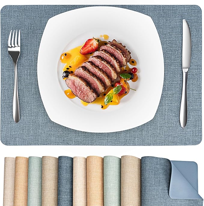 Heat Resistant Placemats Set of 2, 17x12in Waterproof Wipeable Faux Leather Non Slip Table Mats, Easy to Clean, Stain Resistant, for Kitchen Dining Room– Charcoal Blue