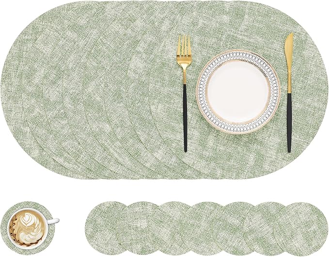 homing Round Faux Leather Placemat and Coaster 8 Packs, Washable Heat Resistant Dining Place Mats, Wipeable Double-Sided Table Mats for Indoor and Outdoor, Diameter 13 and 3.93 inch, Light Green