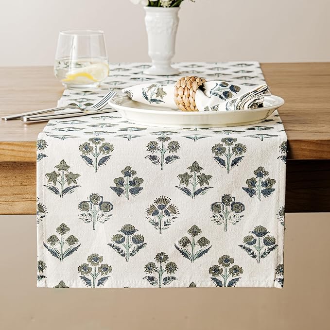 Block Print Floral Decorative Table Runners, 13x36 Inch Olive | 100% Organic by Unknown