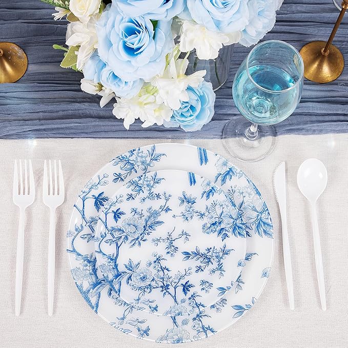 EI 60pcs Blue Plastic Plates Disposable Heavy Duty,Blue and White Floral Disposable Plates,10.25" Dinner & 7.5" Dessert Plate,Natural Fresh and Elegant Decorations for Birthdays/Tea Party/Wedding