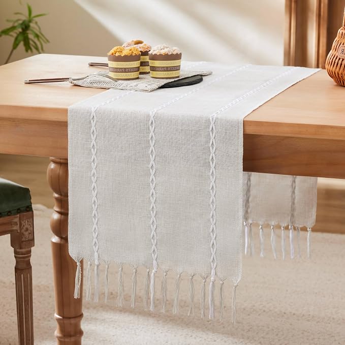 Braided Farmhouse Table Runner, Braided Light Grey 13x36 Inch, Cotton Linen by Unknown