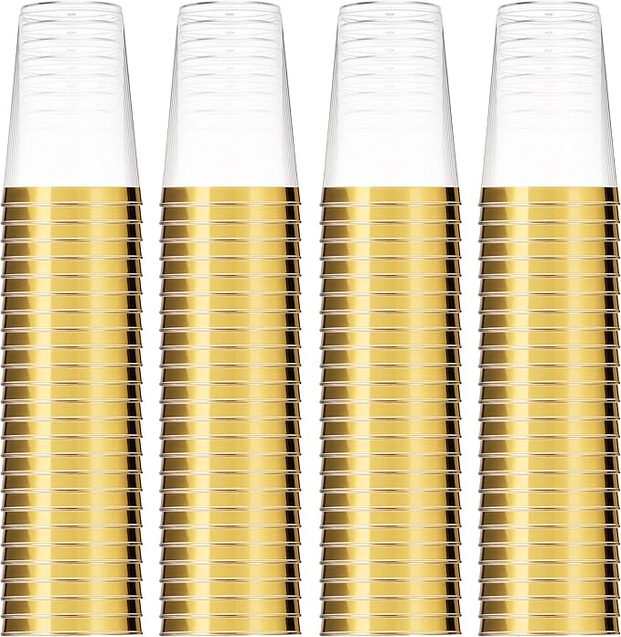 Munfix Gold Plastic Cups - 16 Oz Clear Tumblers with Gold Rim - Elegant Disposable Wedding & Party Cups