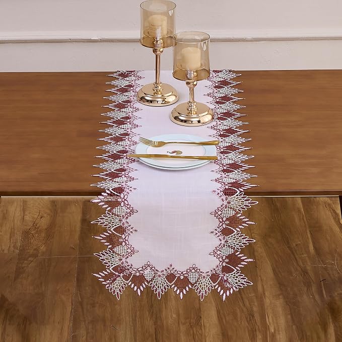 White Sheer Lace Table Runner Dark Red 108" Christmas Table Runners | Christmas - Image 2