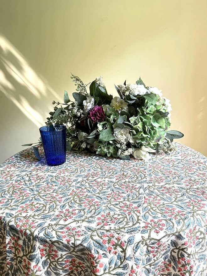 ATOSII Kalina 100% Cotton Round Tablecloth, Handblock Print Floral Table Cloth for Kitchen Dining Linen I Parties, Weddings, Outdoors, Christmas I Fall Home Decor 90" Inches Round