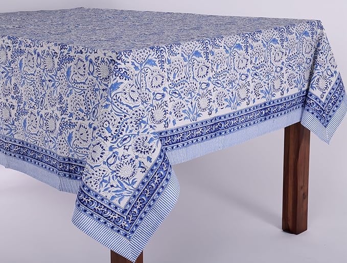 ATOSII Indigo Bloom 100% Cotton Tablecloth, Block Print Rectangle Table Cover for Dining, Parties, Weddings, Outdoors, Holidays, 60 X 90 Inches I 6 Seater I Grandmillennial Preppy Boho Farmhouse
