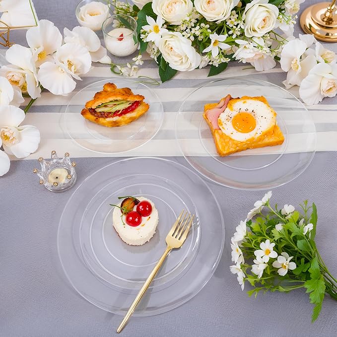 I00000 200 PCS Clear Plastic Plates for 100 Guests Include: 10.25 inch 100 Pieces Dinner Plate and 7.5 inch 100 Pieces Dessert Plate, Clear Plates for Party Perfect for Party & Wedding
