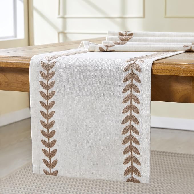 Linen Embroidered Table Runner, Taupe Table Runners 90 Inches Long | Linen - Image 5