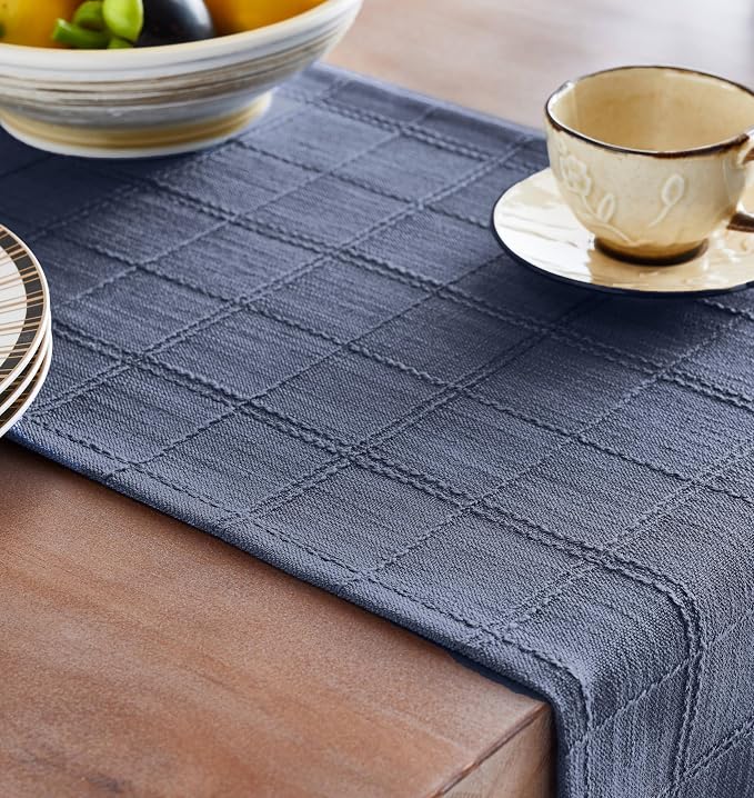 Linen Checked Farmhouse Table Runner, 13x60 Inches Blue | Raised Grid Design - Image 5