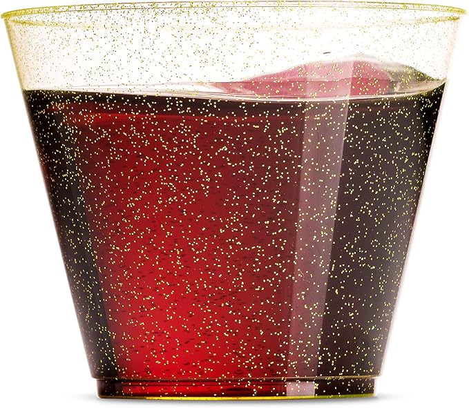 100 Glitter Plastic Cups - 9 Oz Clear Plastic Cups Old Fashioned Tumblers -Gold - Image 2