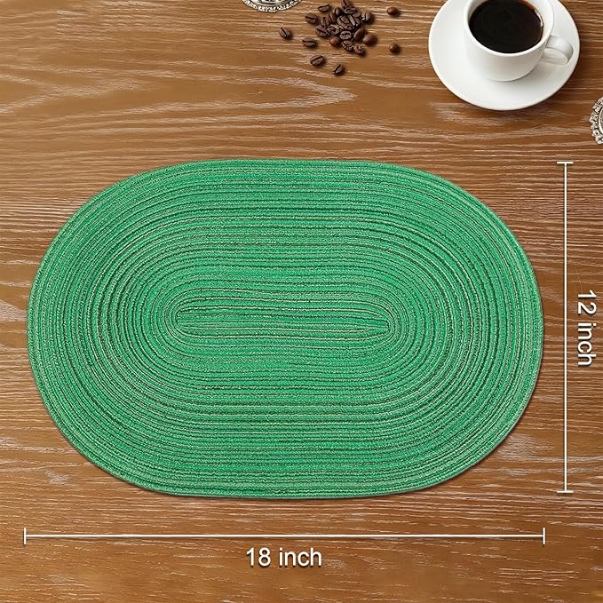 Noctiflorous Oval Braided Placemats Set of 4 Woven 12x18 Inch Non Slip Washable Heat Resistant Place Mats Round Tablemats for Dining Kitchen Party Daily Table Decor Dinner Mats (Green Shine, 4)