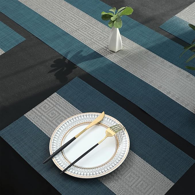 FAVE Placemats Set of 8 Indigo Blue Woven with Gray Placemats Durable and Wipeable Vinyl Placemats Heat Resistant Table Mats Set of 8 for Wedding, Banquet, Birthday, Party, Restaurant (Indigo Blue)