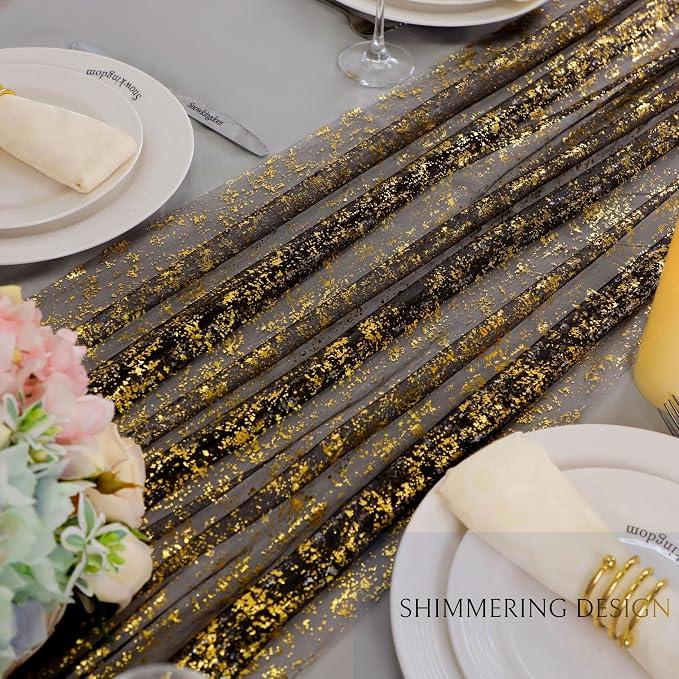 Snowkingdom 3 Pcs Black Gold Gauze Table Runner 10 FT 120 Inch, Sparkle Sheer - Image 3