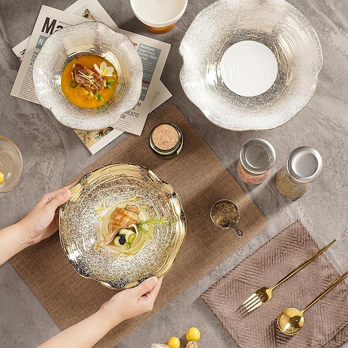 Gradient Gold Artistic Ceramic Bowl Set of 4, 9.3-Inch Lotus Edge Porcelain Bowls with Starburst Design, 23.5cm Food-Safe Dining & Gift Bowls